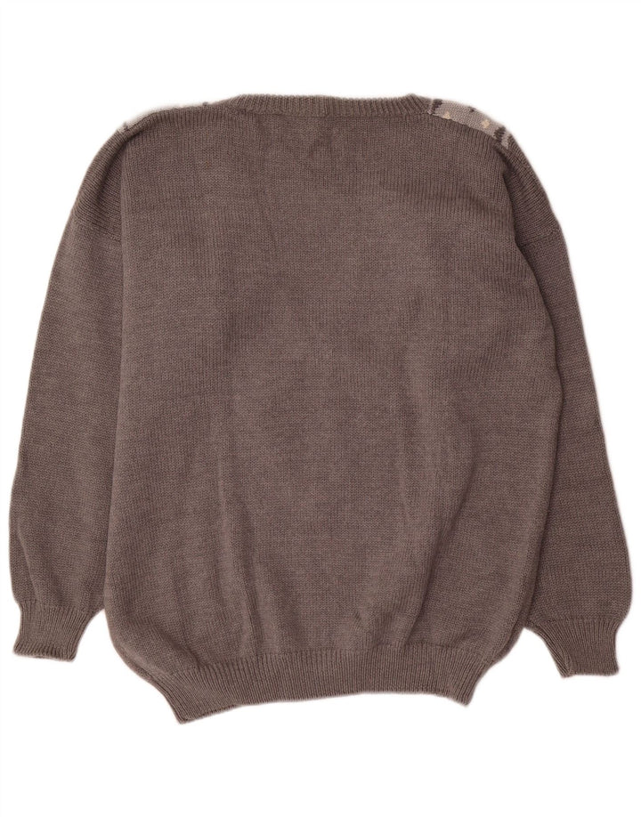 BENETTON Womens V-Neck Jumper Sweater IT 44 Medium Grey Argyle/Diamond