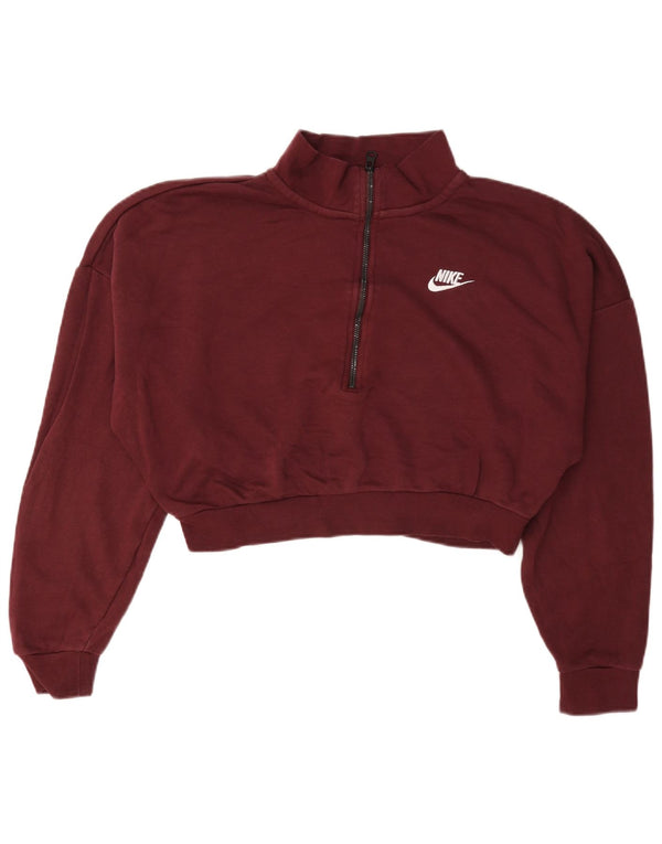Nike Womens Crop Zip Neck Sweatshirt Jumper UK 14 Medium Burgundy Cotton