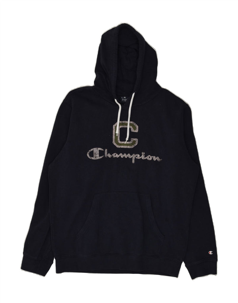 CHAMPION Mens Graphic Hoodie Jumper XL Navy Blue Cotton | Vintage Champion | Thrift | Second-Hand Champion | Used Clothing | Messina Hembry 