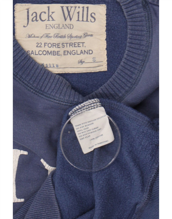 JACK WILLS Mens Graphic Sweatshirt Jumper Small Blue Cotton Vintage Jack Wills and Second-Hand Jack Wills from Messina Hembry 