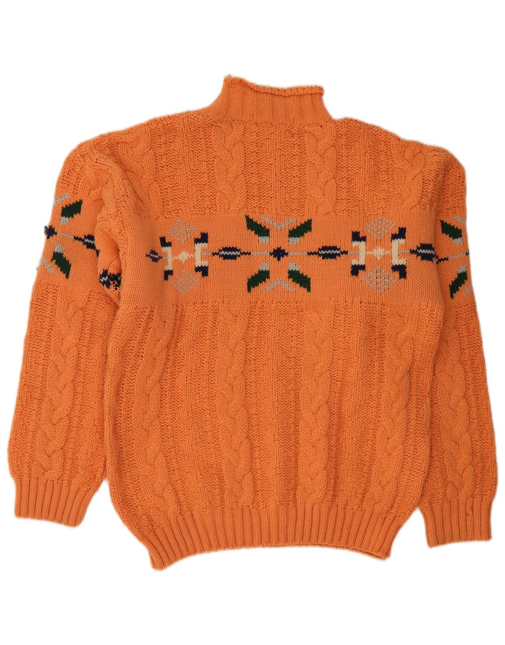 Vintage Mens Turtle Neck Jumper Sweater Large Orange Fair Isle Wool