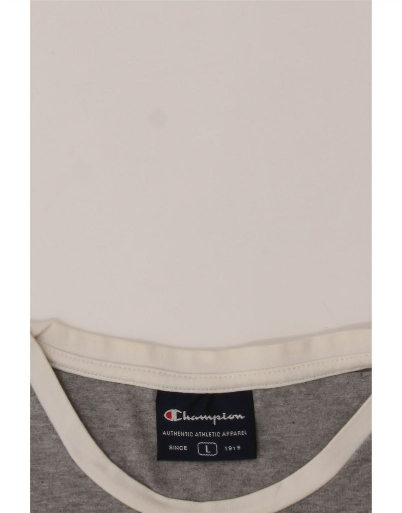 CHAMPION Womens Graphic T-Shirt Top UK 14 Large Grey Colourblock Cotton Vintage Champion and Second-Hand Champion from Messina Hembry 