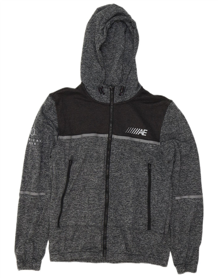 AMERICAN EAGLE Mens Graphic Zip Hoodie Sweater Small Grey Flecked