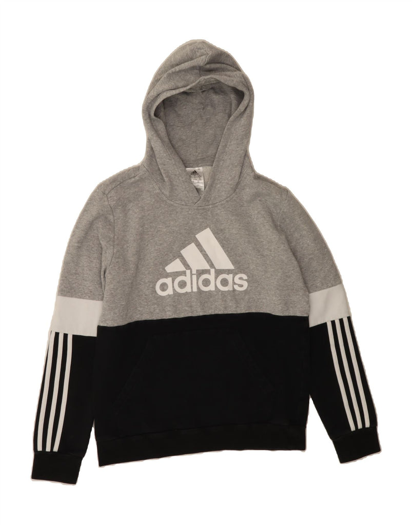 ADIDAS Boys Graphic Hoodie Jumper 13-14 Years Grey Colourblock Cotton Vintage Adidas and Second-Hand Adidas from Messina Hembry 