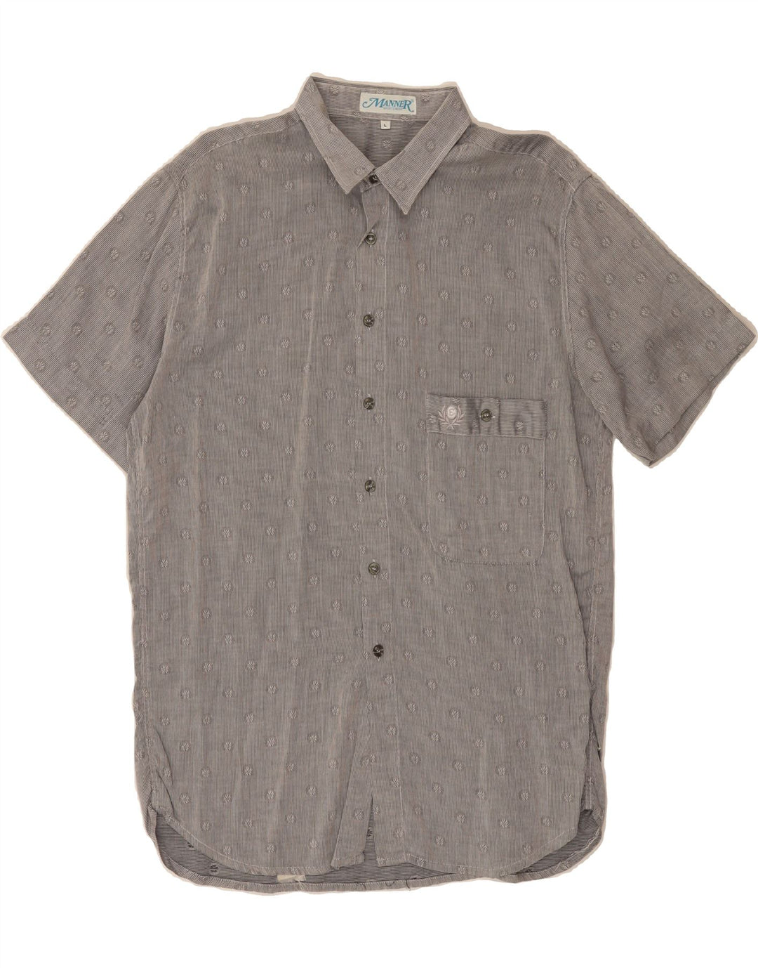 VINTAGE Mens Short Sleeve Shirt Large Grey Floral Cotton Vintage Vintage and Second-Hand Vintage from Messina Hembry 