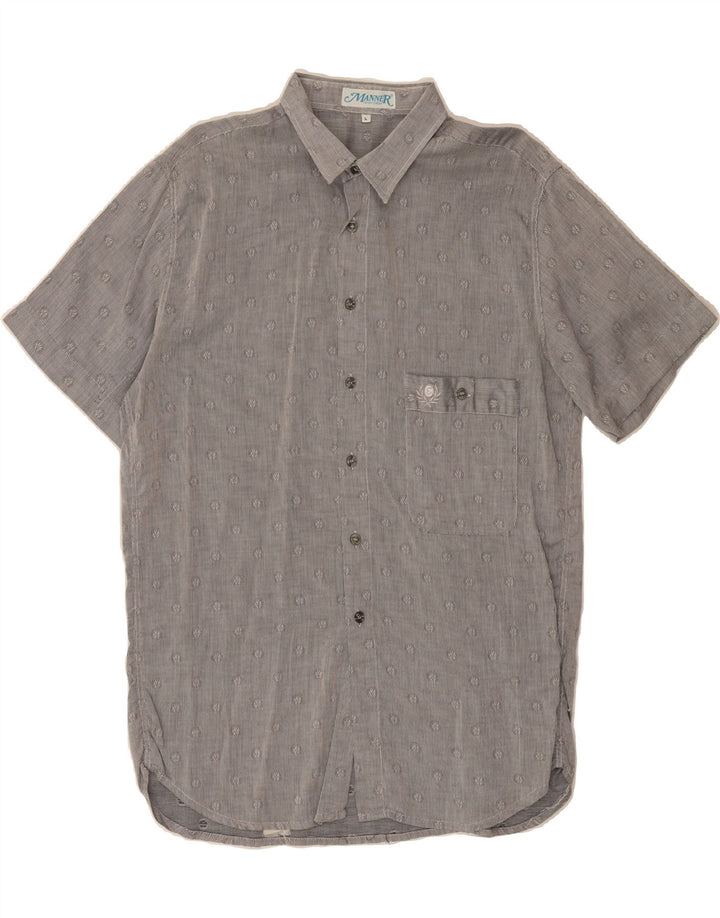 VINTAGE Mens Short Sleeve Shirt Large Grey Floral Cotton Vintage Vintage and Second-Hand Vintage from Messina Hembry 
