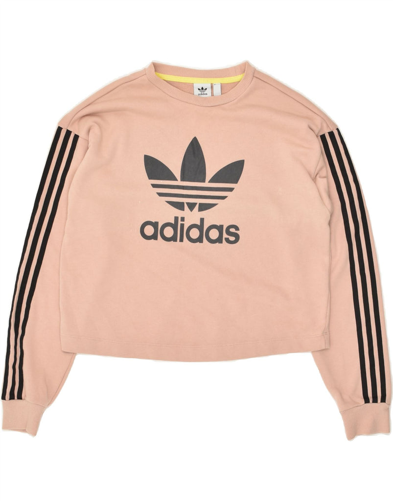 ADIDAS Womens Crop Graphic Sweatshirt Jumper UK 12 Medium Beige Cotton | Vintage Adidas | Thrift | Second-Hand Adidas | Used Clothing | Messina Hembry 