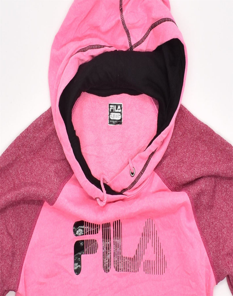 FILA Womens Graphic Hoodie Jumper UK 12 Medium Pink Colourblock Cotton | Vintage | Thrift | Second-Hand | Used Clothing | Messina Hembry 