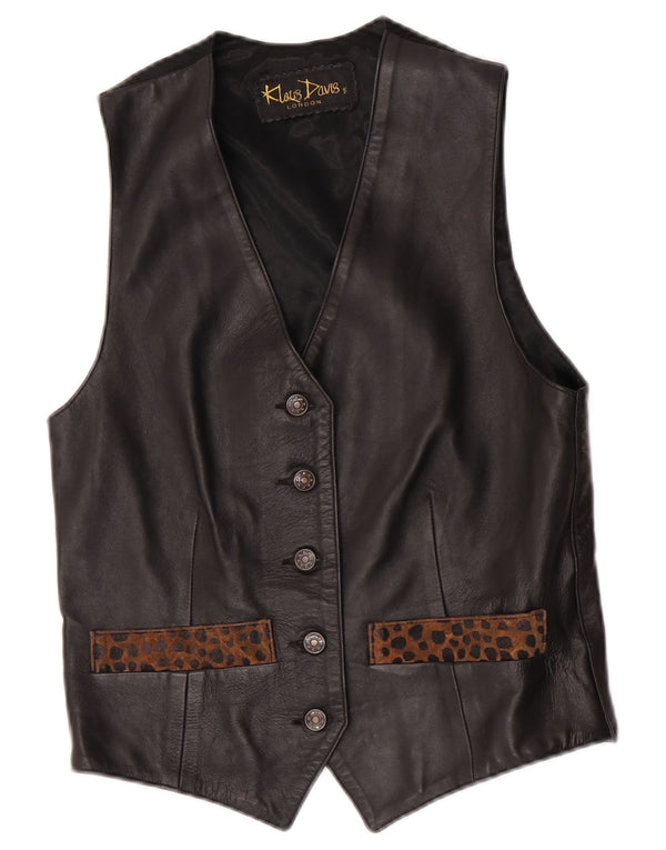 Vintage Womens Leather Waistcoat UK 10 Small Black Animal Print Leather