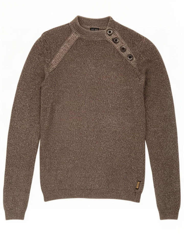 Armani Jeans Mens Button Neck Jumper Sweater Medium Brown Flecked Hemp