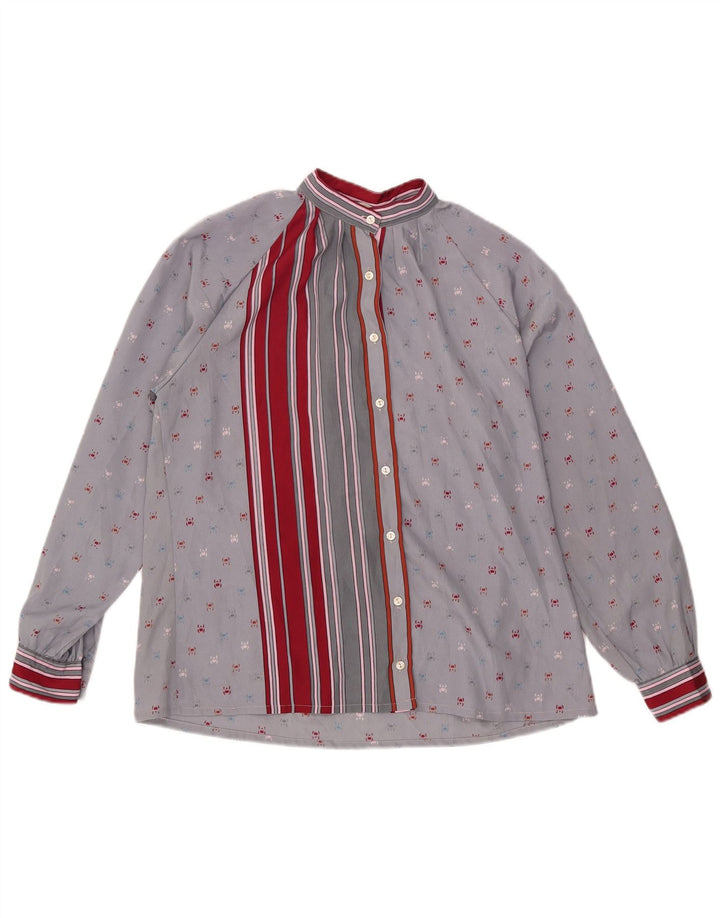 Vintage Womens Long Sleeve Shirt Blouse UK 16 Large Grey Striped Polyester