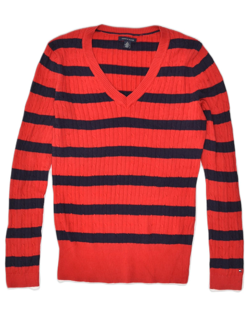 TOMMY HILFIGER Womens V-Neck Jumper Sweater UK 14 Medium Red Striped | Vintage Tommy Hilfiger | Thrift | Second-Hand Tommy Hilfiger | Used Clothing | Messina Hembry 