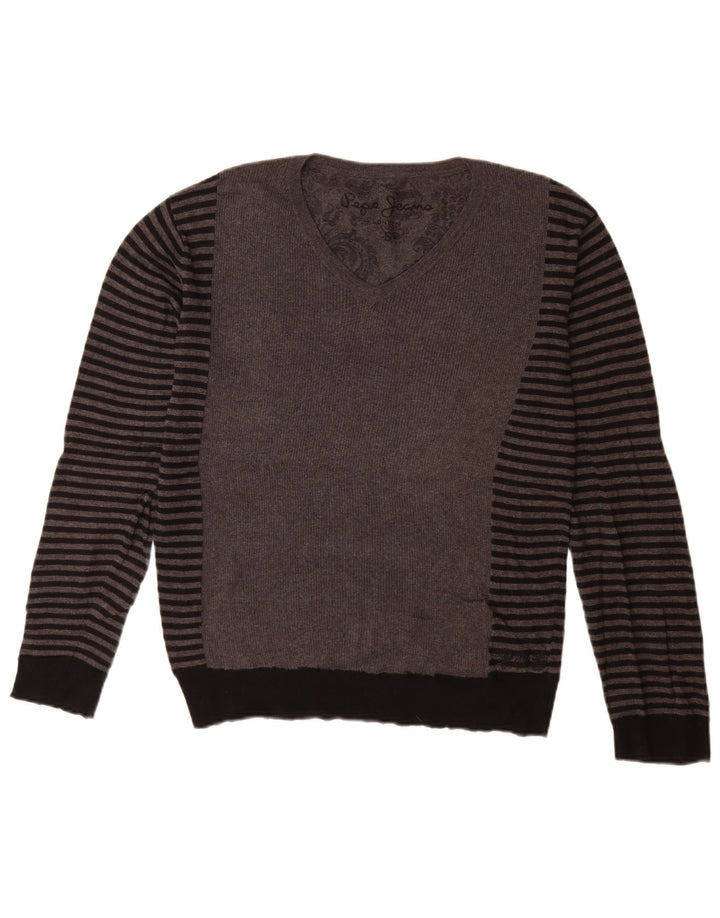 PEPE Jeans Mens V-Neck Jumper Sweater Small Grey Striped Cotton