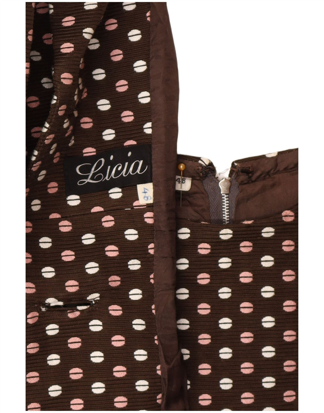 Vintage Womens 3 Button 2 Piece Set IT 48 XL Brown Polka Dot