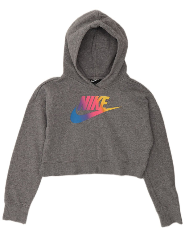 Nike Girls Graphic Crop Hoodie Jumper 12-13 Years Large Grey Cotton