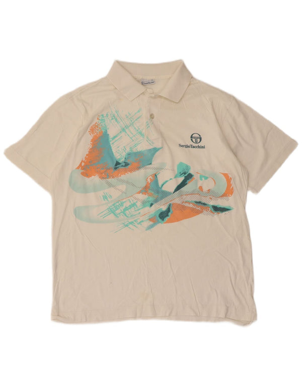 Sergio Tacchini Mens Graphic Polo Shirt Medium White Cotton