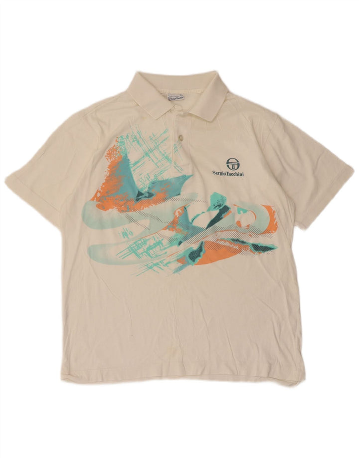 Sergio Tacchini Mens Graphic Polo Shirt Medium White Cotton