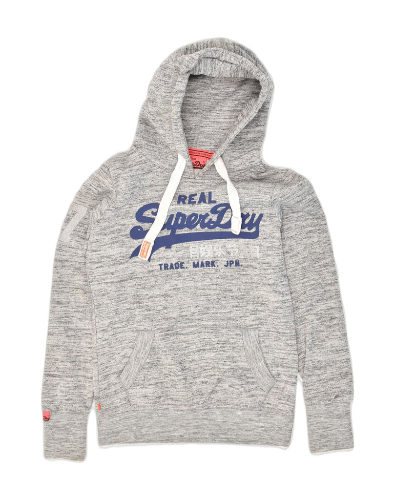 SUPERDRY Womens Graphic Hoodie Jumper UK 10 Small Grey Flecked Cotton | Vintage Superdry | Thrift | Second-Hand Superdry | Used Clothing | Messina Hembry 