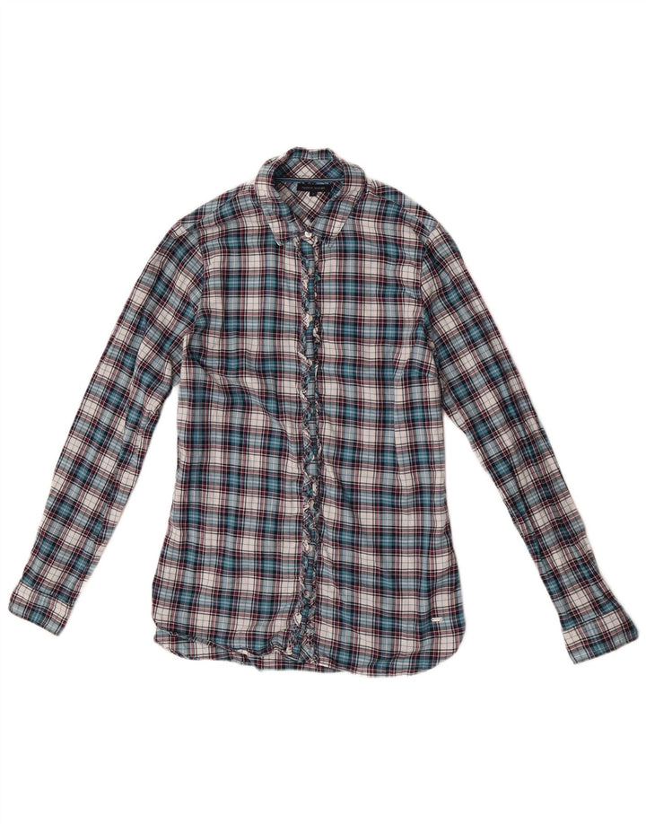 Tommy Hilfiger Womens Ruffle Front Shirt Blouse US 6 Medium Blue Check