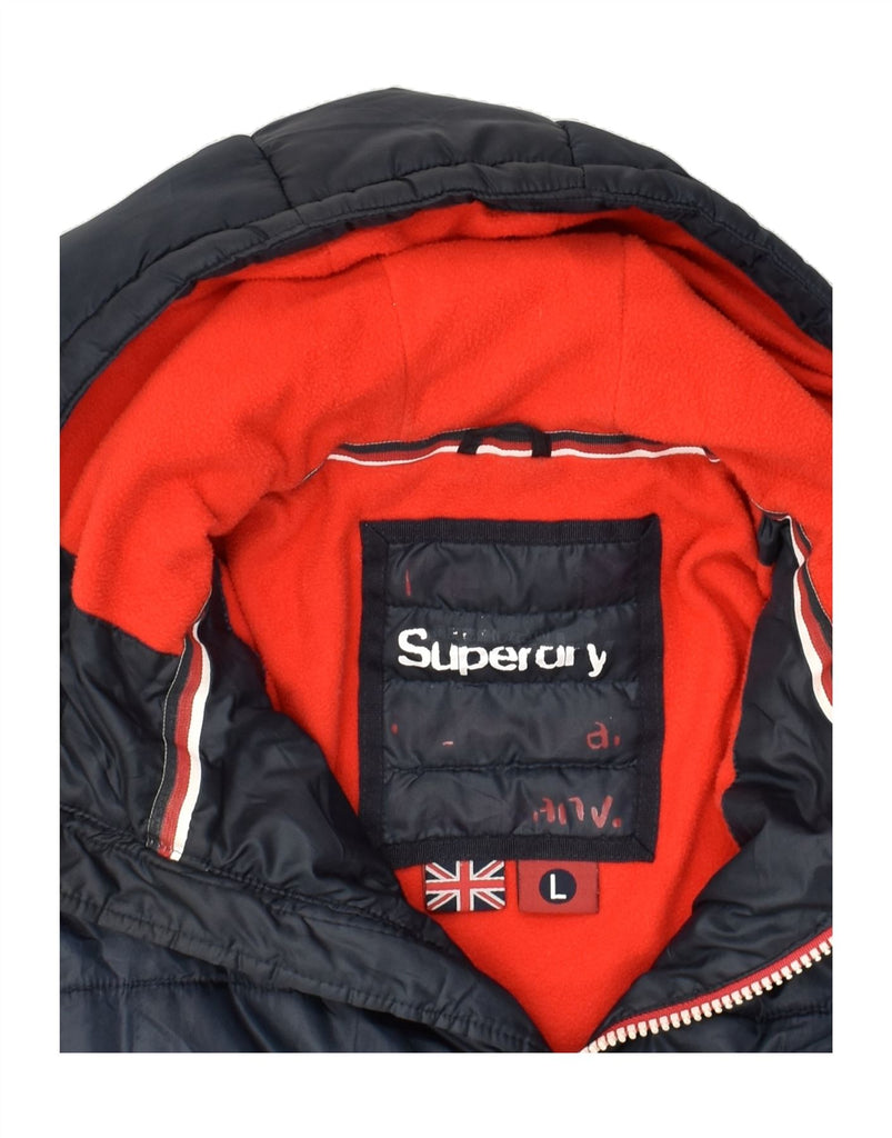 SUPERDRY Mens Hooded Padded Jacket UK 40 Large Navy Blue Polyester | Vintage Superdry | Thrift | Second-Hand Superdry | Used Clothing | Messina Hembry 