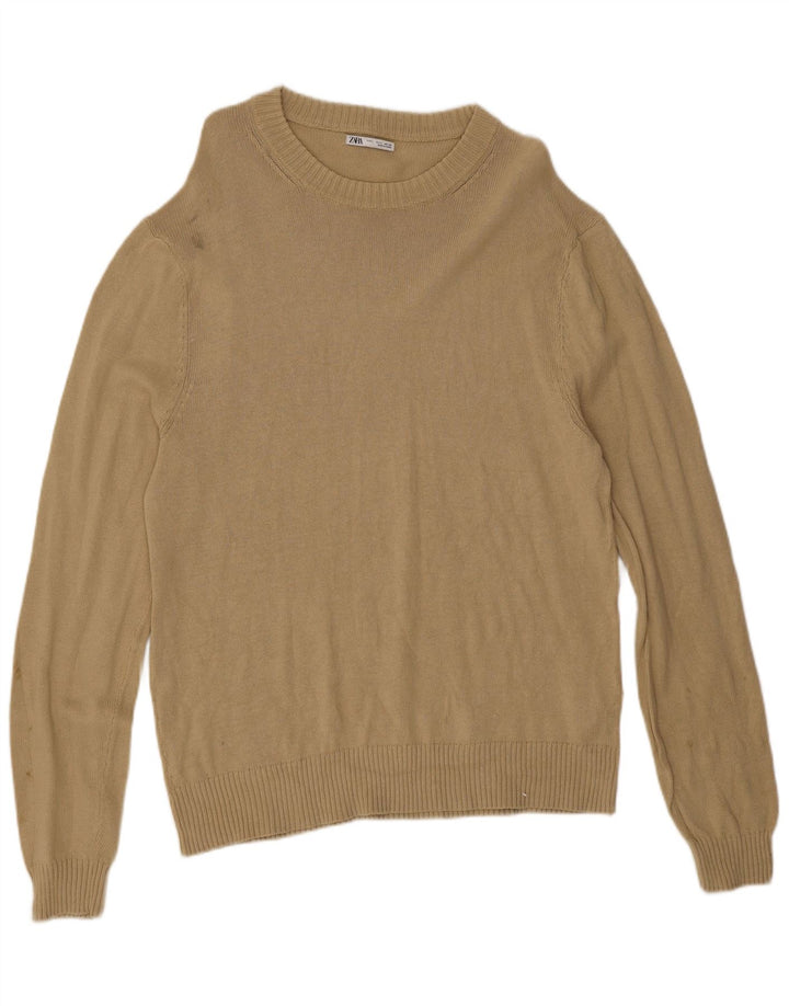 Zara Mens Crew Neck Jumper Sweater Large Beige Cotton