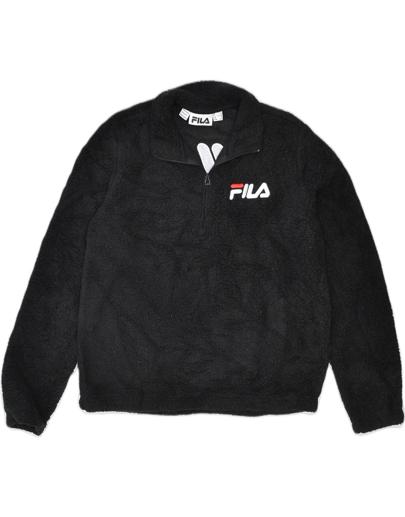 FILA Womens Graphic Fleece Zip Neck Jumper Sweater UK 14 Large Black | Vintage | Thrift | Second-Hand | Used Clothing | Messina Hembry 