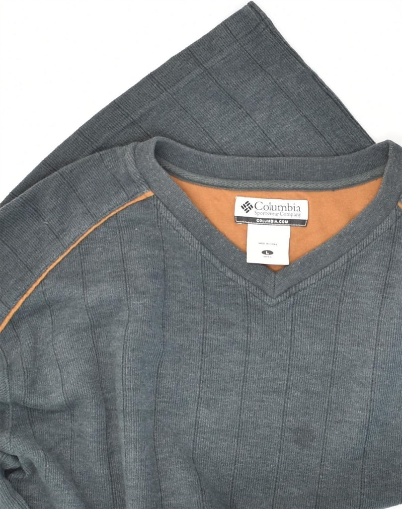 COLUMBIA Mens V-Neck Jumper Sweater Large Grey Striped | Vintage Columbia | Thrift | Second-Hand Columbia | Used Clothing | Messina Hembry 