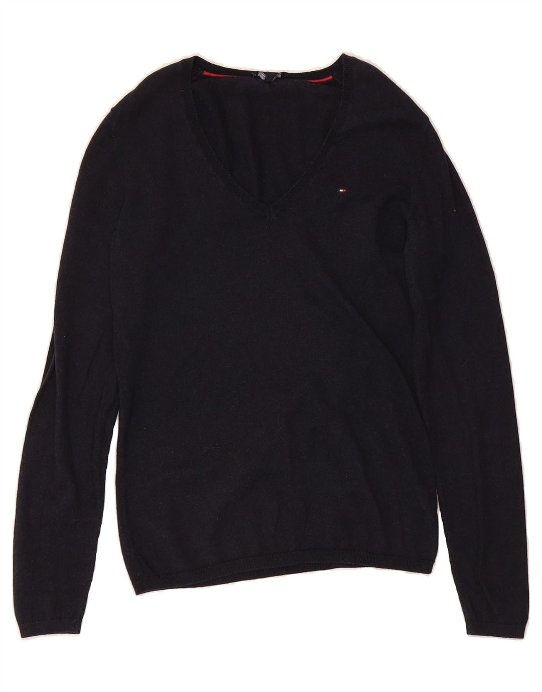 TOMMY HILFIGER Womens V-Neck Jumper Sweater UK 14 Medium Navy Blue Wool Vintage Tommy Hilfiger and Second-Hand Tommy Hilfiger from Messina Hembry 