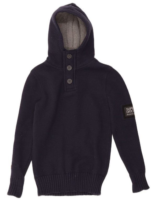 Superdry Mens Graphic Hooded Button Neck Jumper Sweater Small Navy Blue