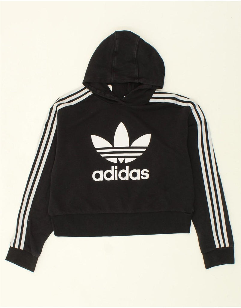 ADIDAS Girls Crop Hoodie Jumper 14-15 Years Black Vintage Adidas and Second-Hand Adidas from Messina Hembry 