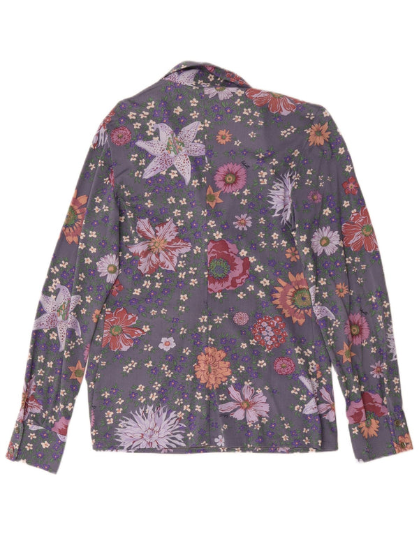 Vintage Womens Long Sleeve Pullover Shirt UK 14 Medium Grey Floral