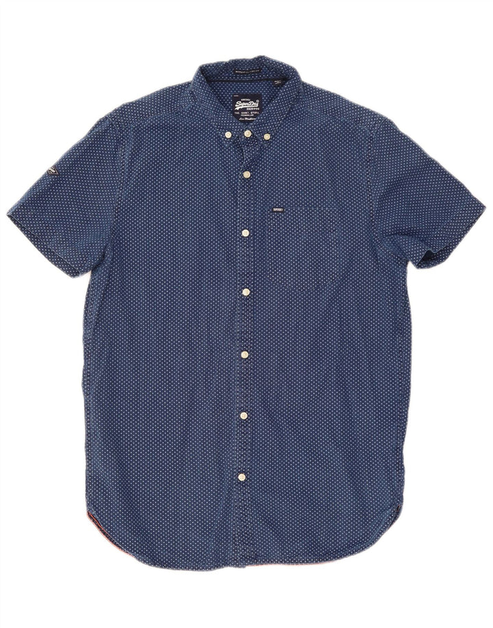 Superdry Mens Short Sleeve Shirt Medium Blue Spotted Cotton