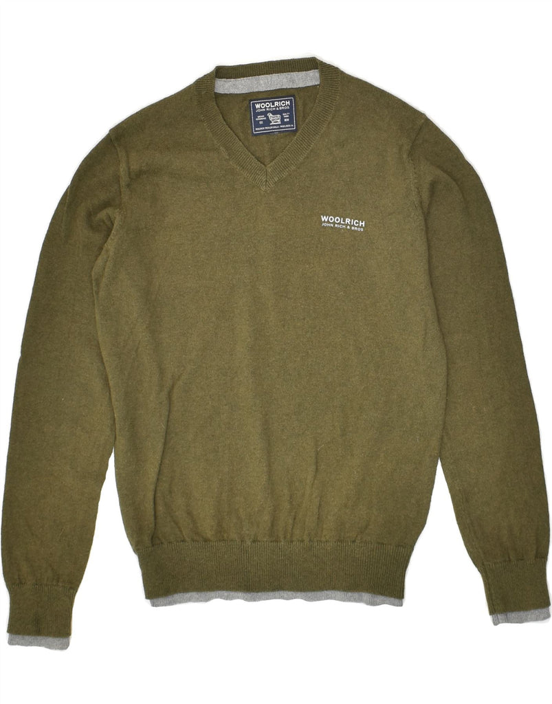 WOOLRICH Boys V-Neck Jumper Sweater 8-9 Years Khaki Cotton | Vintage Woolrich | Thrift | Second-Hand Woolrich | Used Clothing | Messina Hembry 