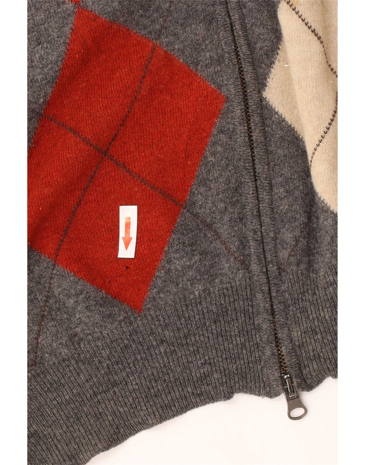 Massimo Dutti Mens Zip Neck Jumper Sweater 2XL Grey Argyle/Diamond Wool