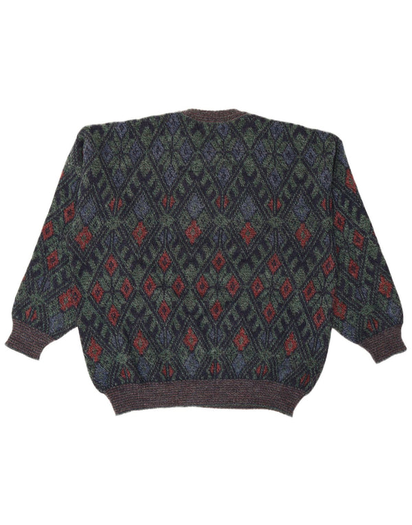 VINTAGE Mens Crew Neck Jumper Sweater Large Navy Blue Argyle/Diamond