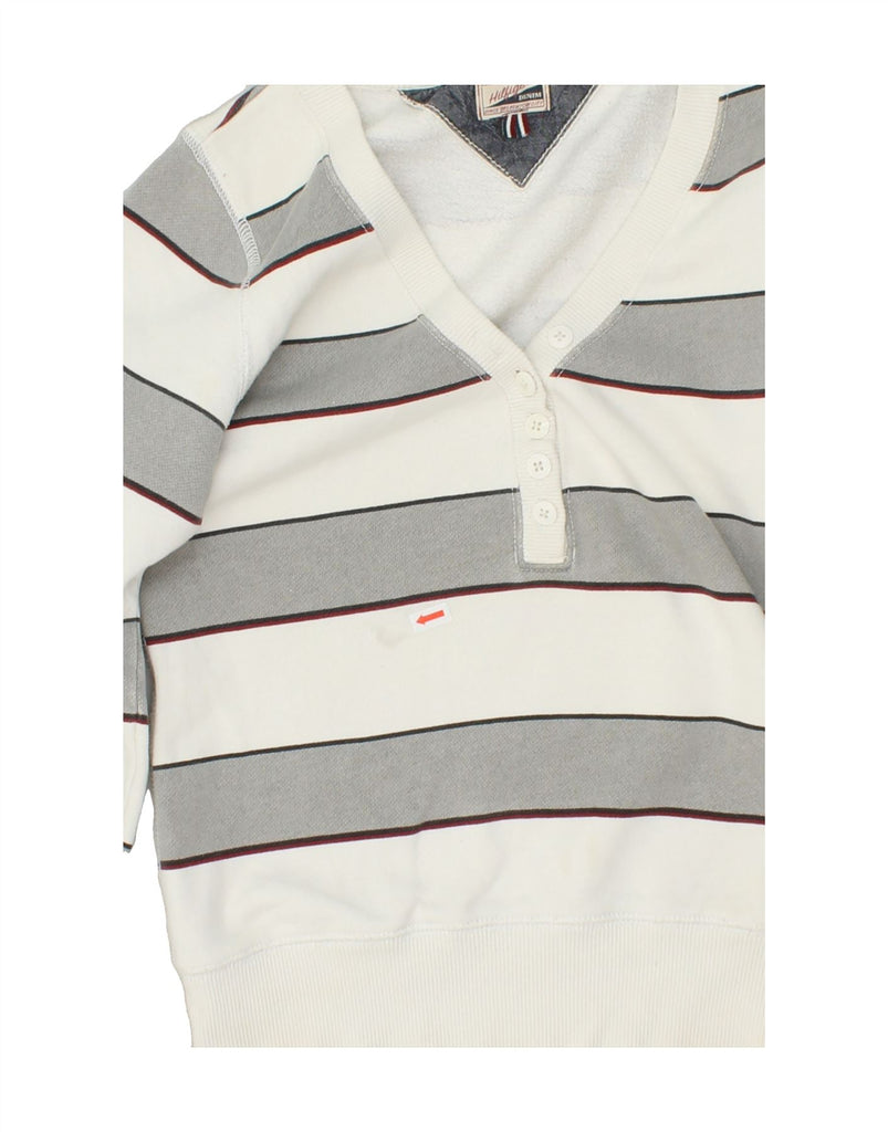 TOMMY HILFIGER Womens V-Neck Jumper Sweater UK 12 Medium White Striped | Vintage Tommy Hilfiger | Thrift | Second-Hand Tommy Hilfiger | Used Clothing | Messina Hembry 