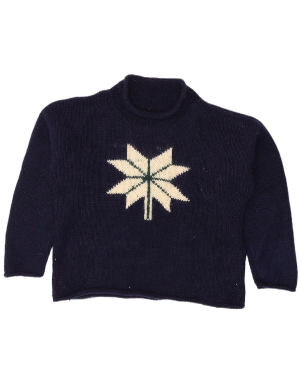 Vintage Womens Turtle Neck Jumper Sweater UK 14 Large Navy Blue Fair Isle