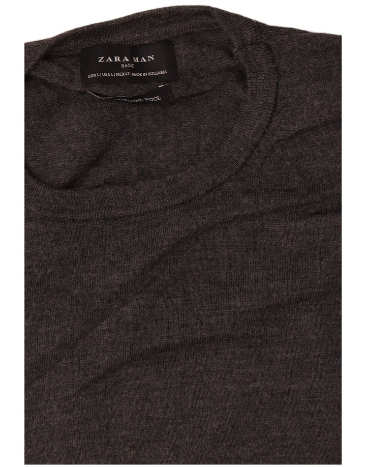 Zara Mens Crew Neck Jumper Sweater Large Grey Wool