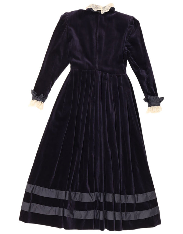 Vintage Womens Long Sleeve Velvet Maxi Dress UK 8 Small Navy Blue Floral