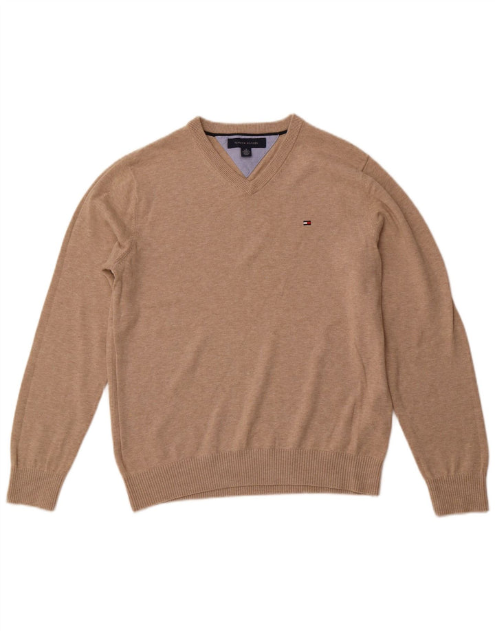 TOMMY HILFIGER Mens V-Neck Jumper Sweater Medium Beige Cotton
