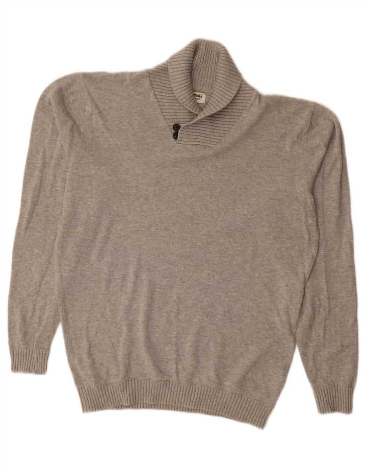 JACK & JONES Mens Shawl Neck Jumper Sweater Large Grey Cotton