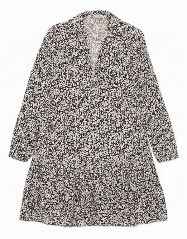 Zara Womens Long Sleeve Tiered Dress UK 14 Medium Black Spotted Viscose