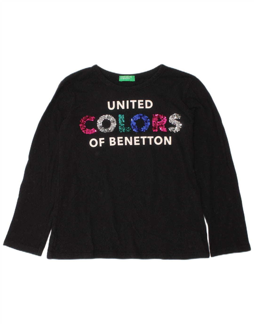 BENETTON Girls Graphic Top Long Sleeve 6-7 Years Small Black Cotton