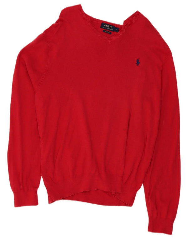 Polo Ralph Lauren Mens V-Neck Jumper Sweater UK 16 Large Red Cotton
