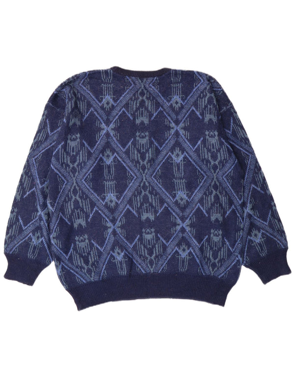 Vintage Mens Crew Neck Jumper Sweater Large Navy Blue Fair Isle
