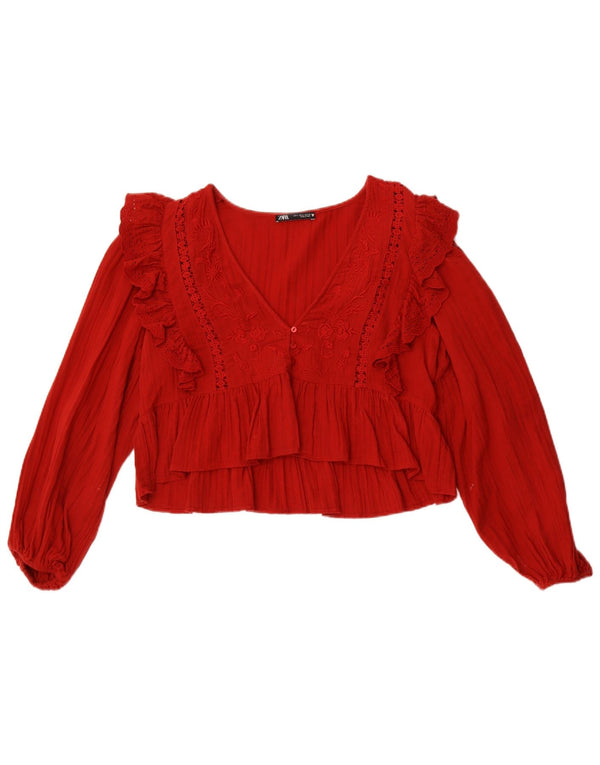 Zara Womens Crop Long Sleeve Blouse Top UK 10 Small Red Polyester
