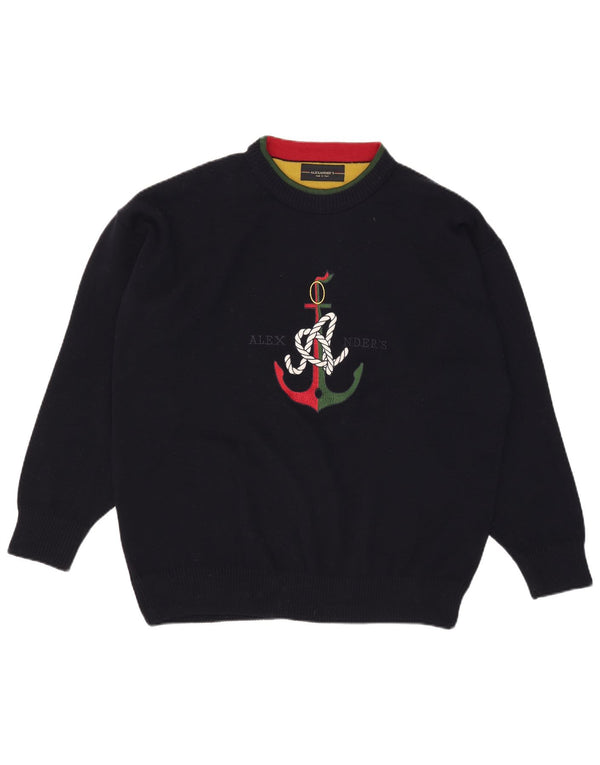Alexander's Mens Graphic Crew Neck Jumper Sweater 2XL Navy Blue Wool
