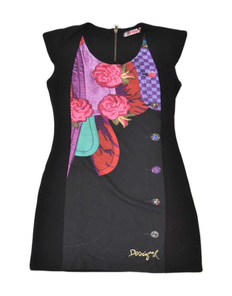 DESIGUAL Womens Sheath Dress UK 10 Small Black Floral Polyester | Vintage | Thrift | Second-Hand | Used Clothing | Messina Hembry 