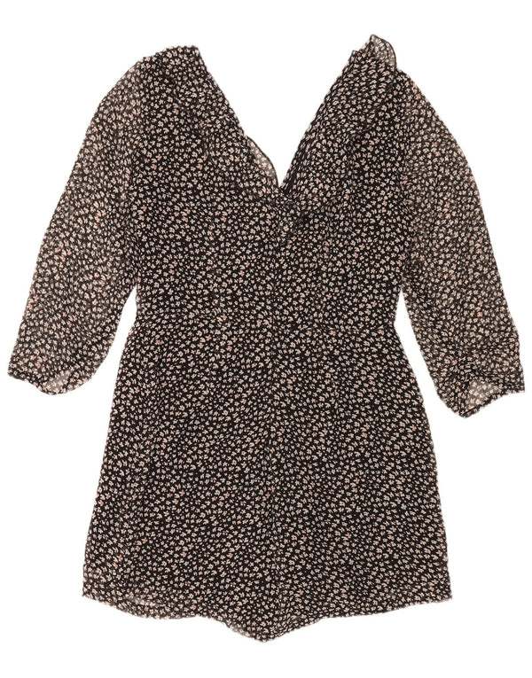 Zara Womens 3/4 Sleeve Playsuit UK 14 Large  Black Floral Polyester