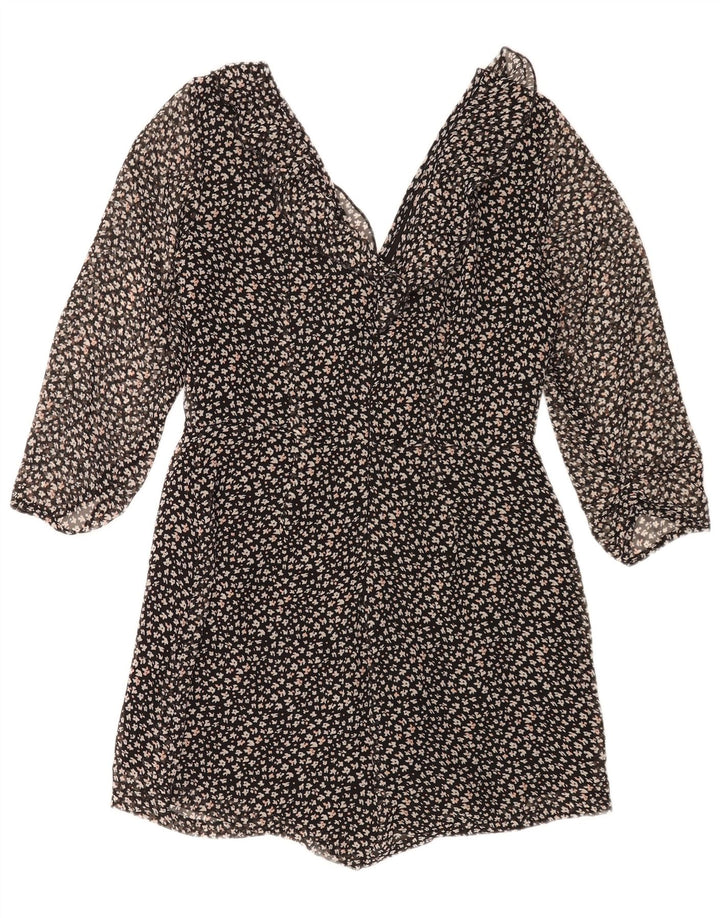 Zara Womens 3/4 Sleeve Playsuit UK 14 Large  Black Floral Polyester